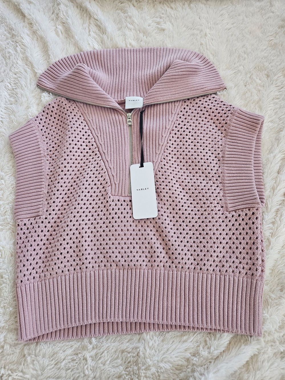 Varley NWT Pink Open Knit Half-Zip Collared Sweater Vest Size Small Quiet Luxury
